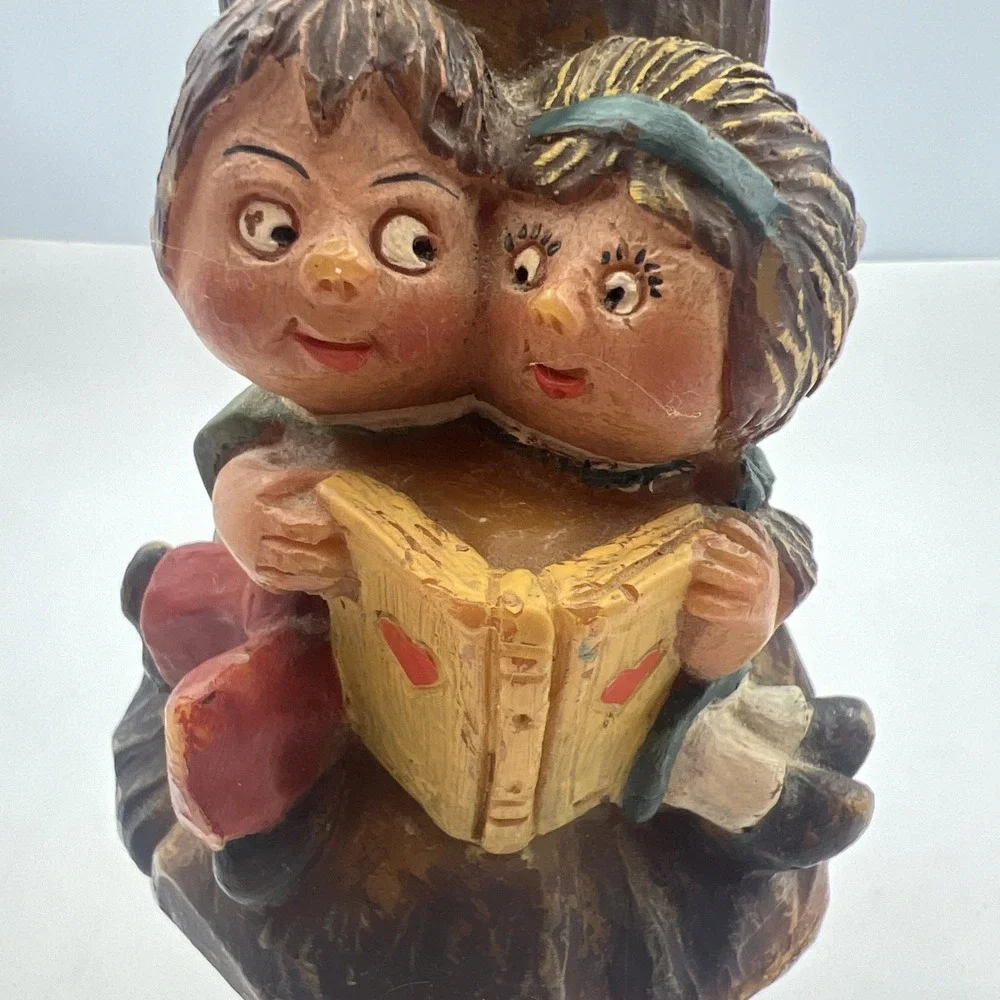 VTG Gunter Kerzen German Hand Carved Painted‎ Candle - Boy & Girl Reading Tree